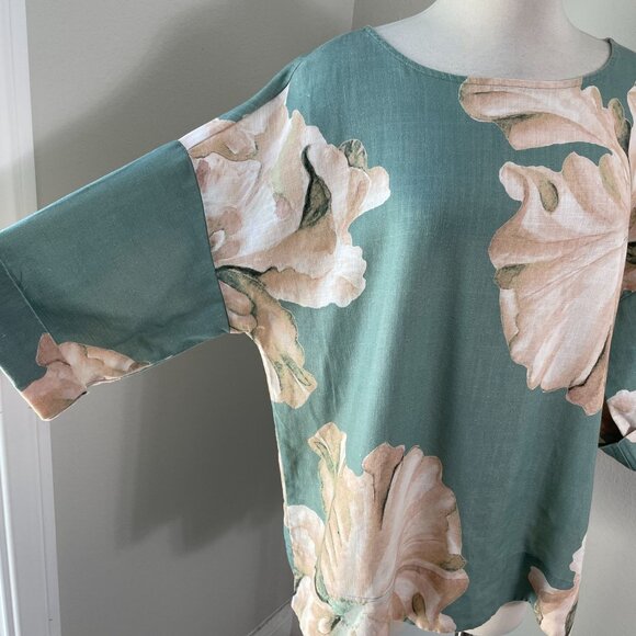Soft Surroundings XL Fleur Top Teal Beige 3/4 Sleeve Lyocell Linen Floral Shirt - Picture 5 of 11